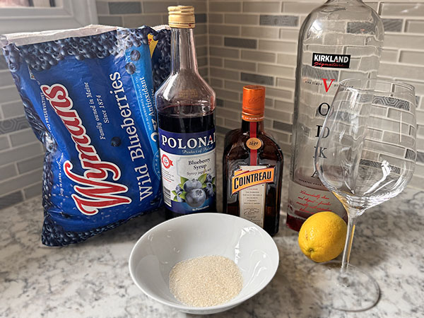 Ingredients for Blueberry Lemon Drop Martini Cocktail.