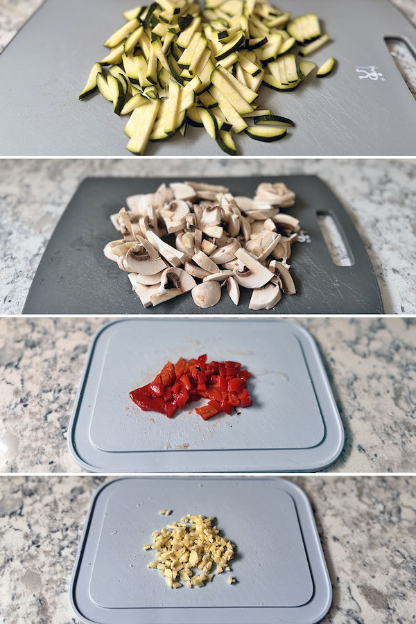Vegetables prepared for hash: zucchini, mushrooms, roasted red bell pepper and garlic.