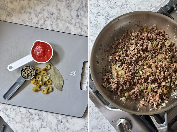 Tomato sauce, sliced green olives, capers and bay leaf on the left, ground beef and tomato picadillo cooking in a skillet on the right.