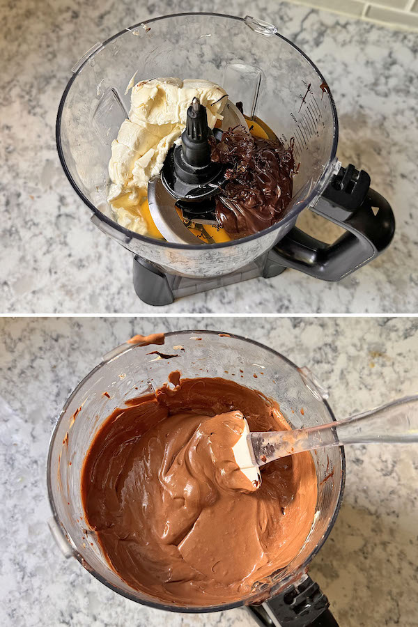 Chocolate cake batter ingredients in blender at the top, blended chocolate cake batter at the bottom.