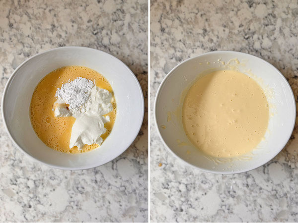 Ingredients for baked yogurt in a bowl on the left and mixed batter in a bowl on the right.