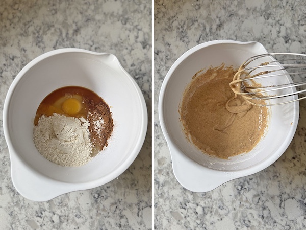 Pancakes batter ingredients in a bowl on the left and whisked pancake batter in a bowl on the right.