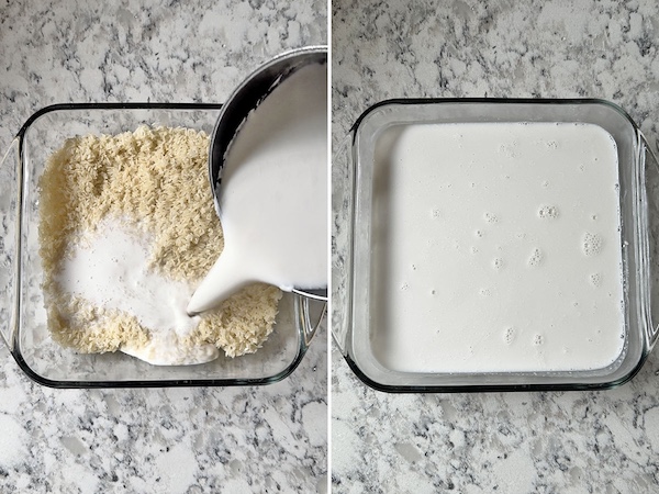 Pouring coconut milk mixture to the rice on the left and rice covered with coconut milk mixture in a baking dish on the right.