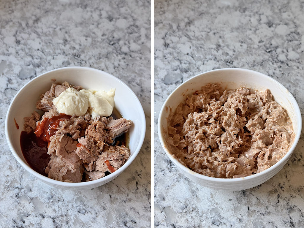 Two bowls side by side showing the tuna mixture before and after mixing: on the left, drained tuna topped with mayonnaise, sriracha, soy sauce, and sesame oil; on the right, the same ingredients fully combined into a creamy mixture.