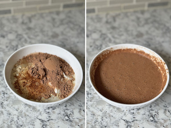 Ingredients for tiramisu flavored overnight oats in a bowl on the left, and combined tiramisu oats in a bowl on the right.