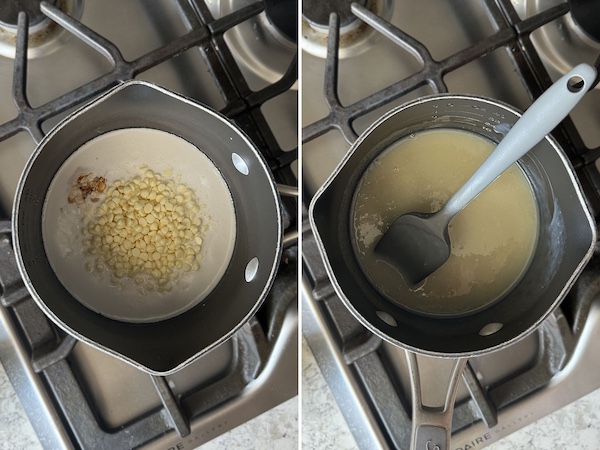 Coconut milk, vanilla and salt mixture in a saucepan topped with white chocolate chips on the left and mixed white chocolate and coconut milk mixture in the pot on the right.