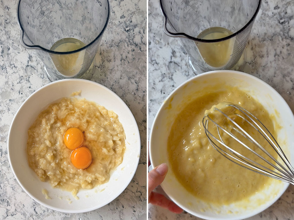 Two-step photo showing mashed bananas, egg yolks, and honey before and after mixing for flourless chocolate banana cake.