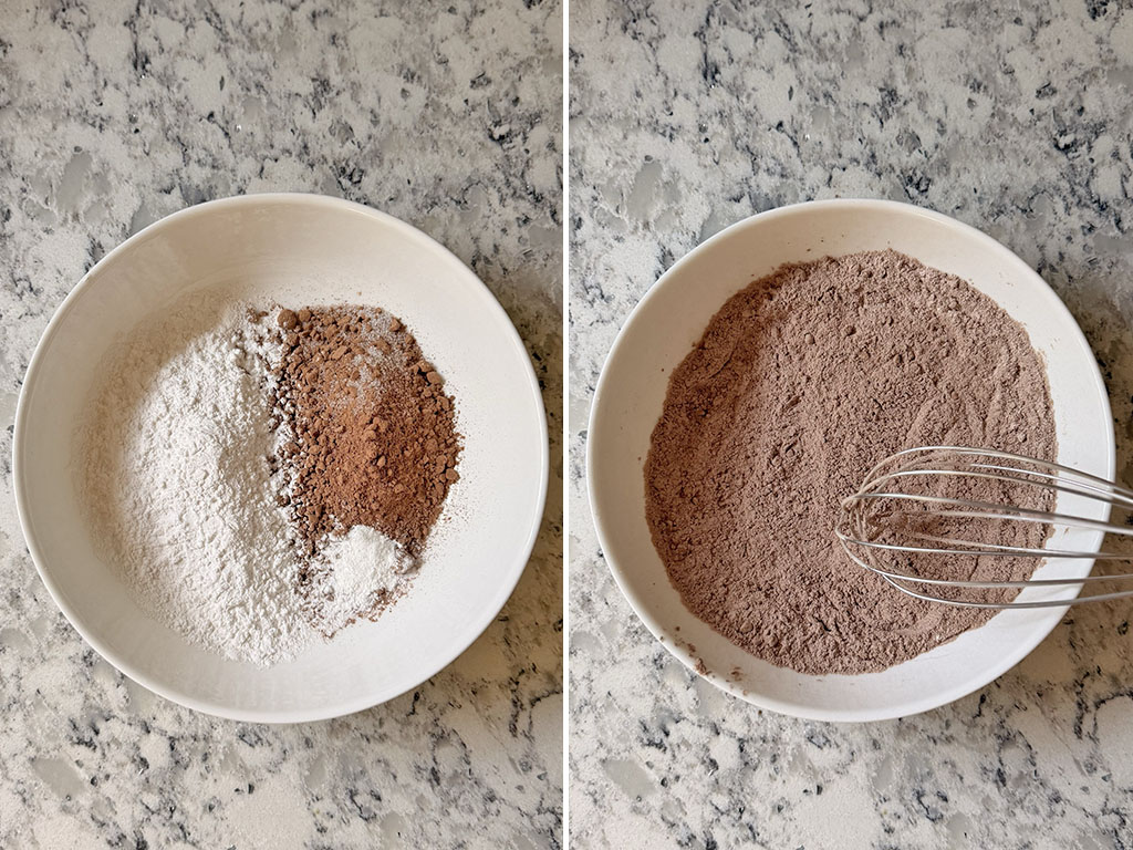 Two-step photo showing cocoa powder, arrowroot starch, baking powder, and salt before and after whisking together in a bowl for flourless chocolate banana cake.