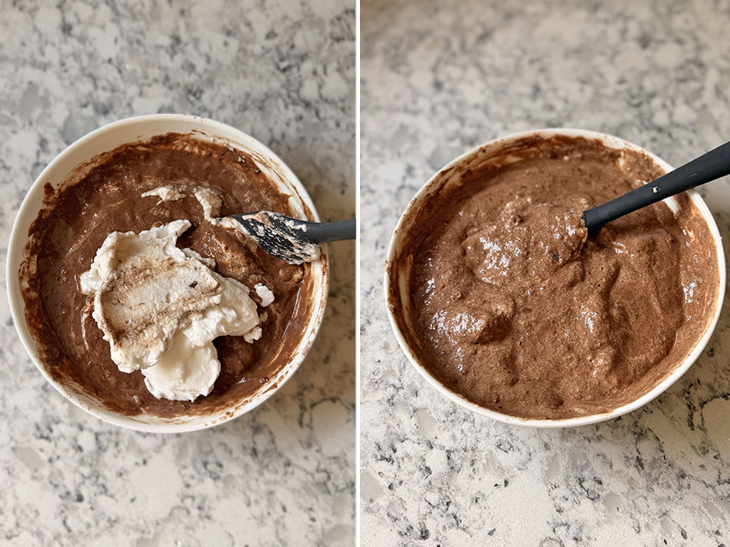 Whipped egg whites gently folded into chocolate banana batter until combined.