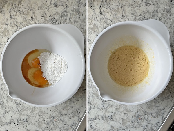 Eggs, powdered sugar and vanilla extract in a bowl on the left, whisked eggs, powdered sugar and vanilla extract in a bowl on the right.