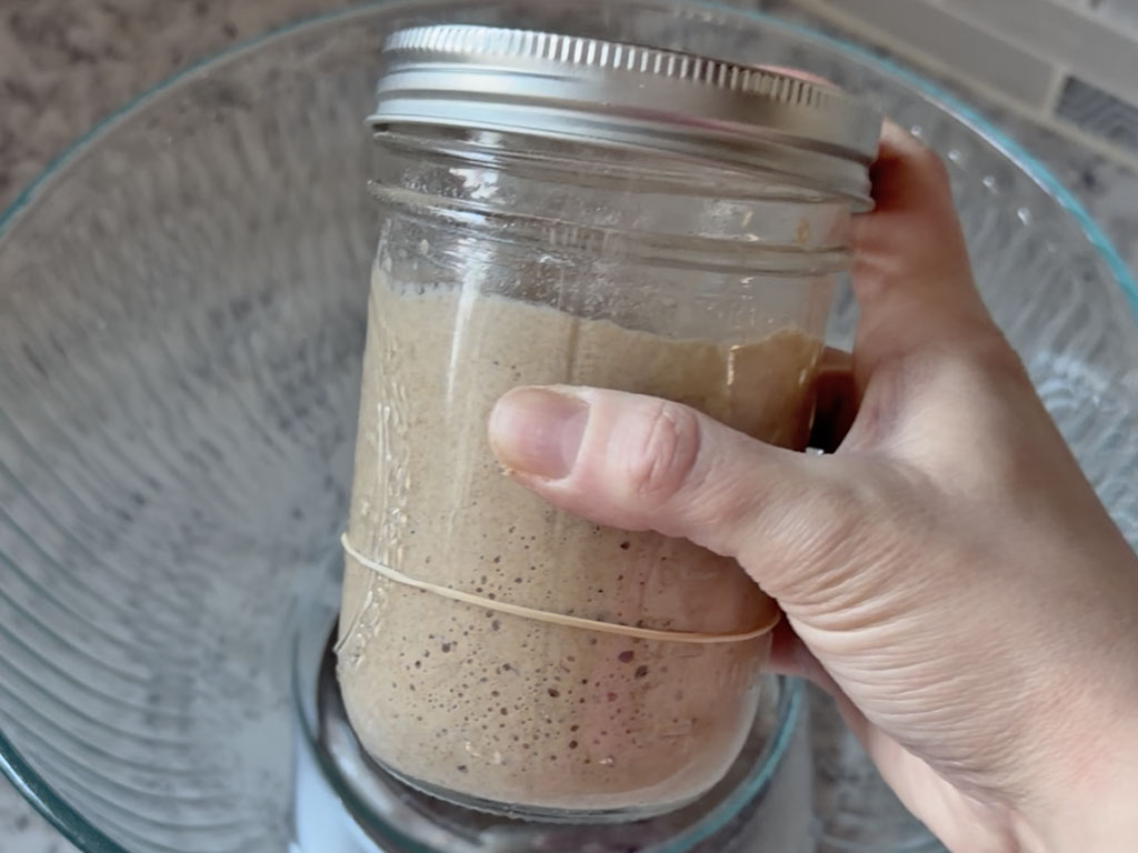 Sourdough starter in a glass jar with a rubber band marking the starting level, showing the bubbly starter risen well above the band after fermenting overnight.