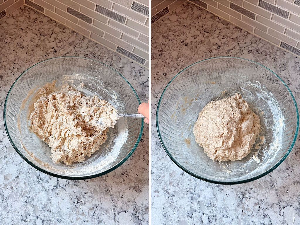 Two-image collage showing dough mixing process: first image with ingredients being stirred with a spoon, second image showing dough after hand mixing.