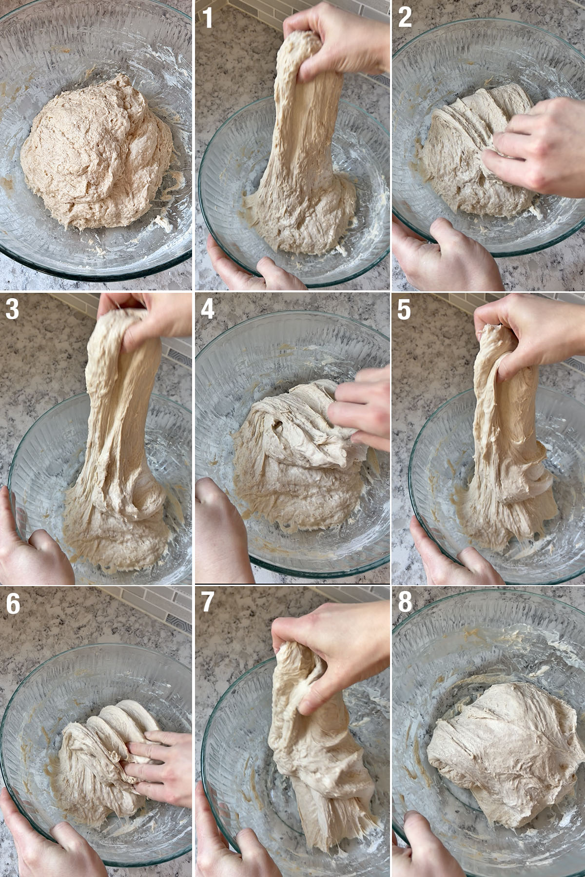Steps of one stretch-and-fold round: dough being lifted from one side, stretched upward, and folded over onto itself, the process repeated on all four sides to complete the round.
