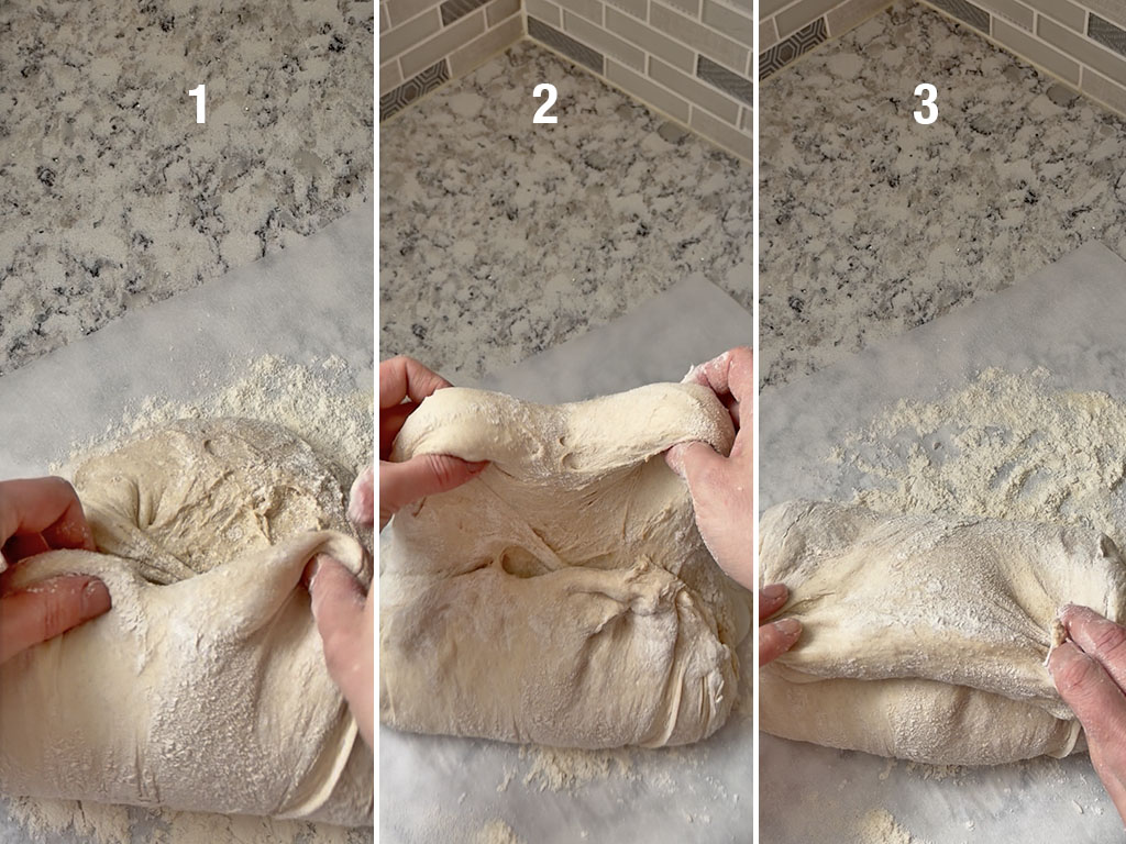 Dough gently stretched into a rectangle on a floured surface, then the top and bottom thirds folded toward the center to form a loose packet.