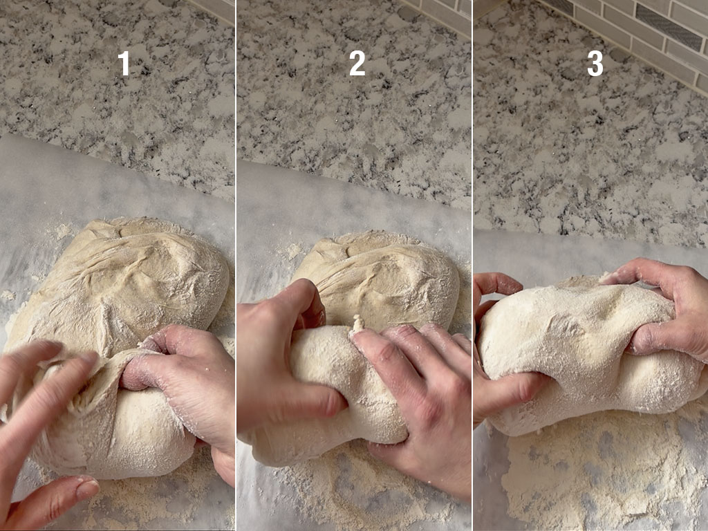 Dough rotated and gently rolled into a log shape on the counter, being handled lightly to avoid pressing or deflating it.