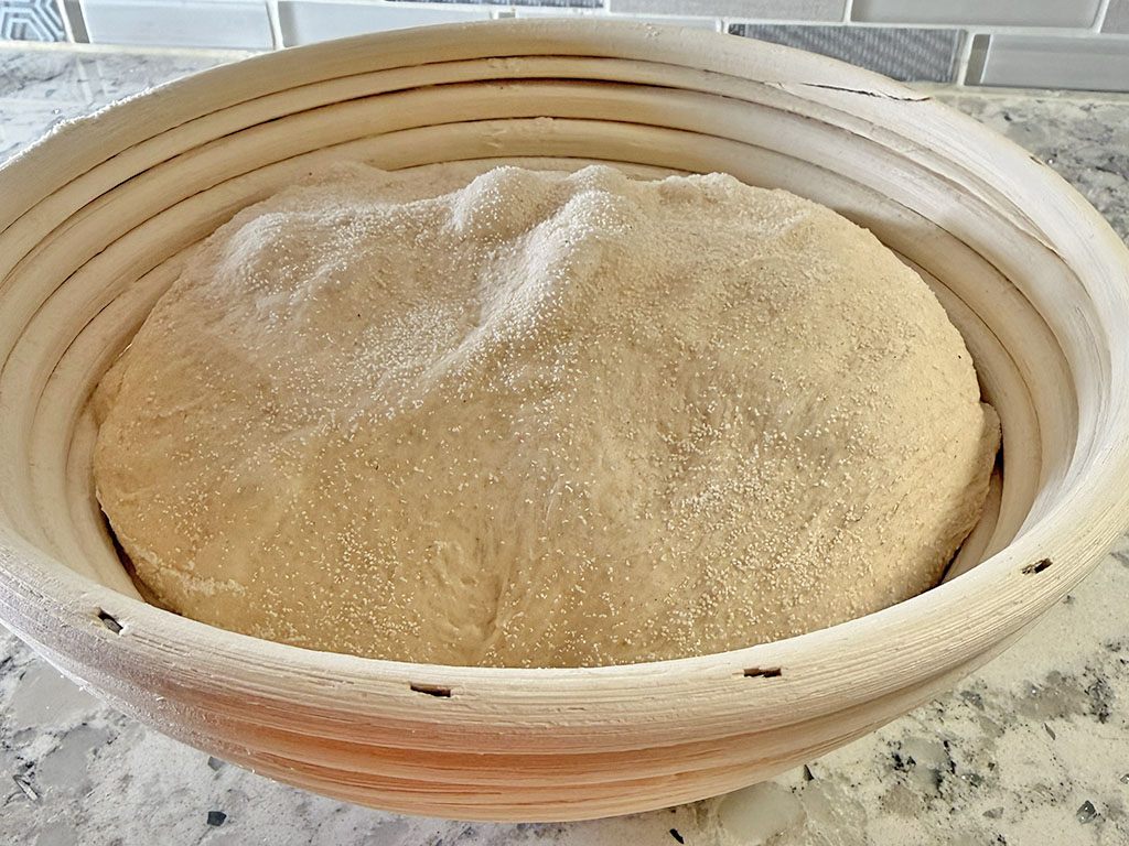 Dough inside a floured banneton, ready for cold proofing.