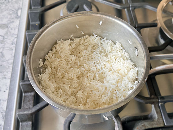 Cooked white rice in a pot of the stove top.