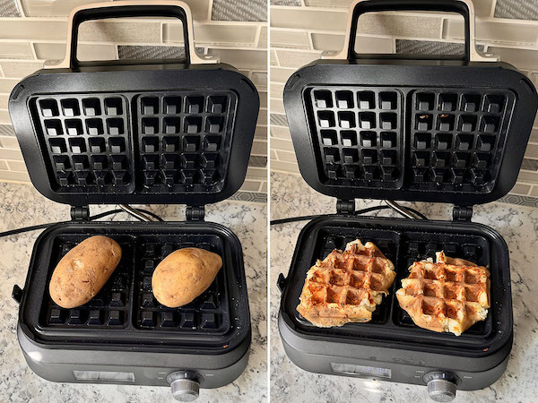 Boiled potatoes in a waffle maker on the left and smashed boiled potatoes in a waffle maker on the right.