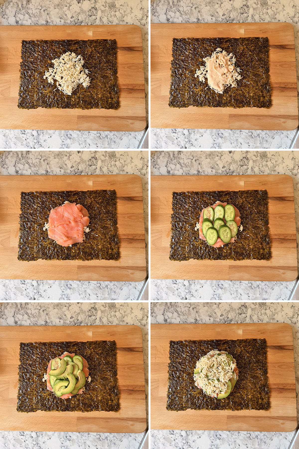 Step-by-step images of sushi sandwich preparation: placing nori, adding rice, spreading spicy mayo, layering smoked salmon, cucumber, and avocado.