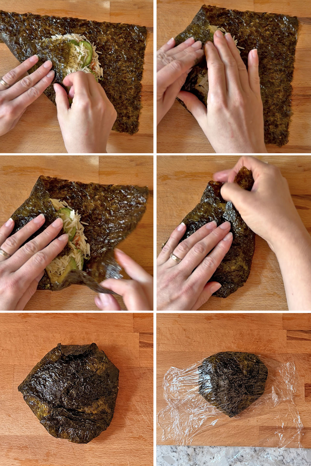 Wrapping sushi sandwich with nori, folding edges over the rice and fillings to form a sealed square, then tightly wrapping it in plastic wrap to hold its shape.