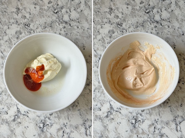 Sauce ingredients in a bowl on the left, and mixed sriracha-mayo sauce in a bowl on the right.