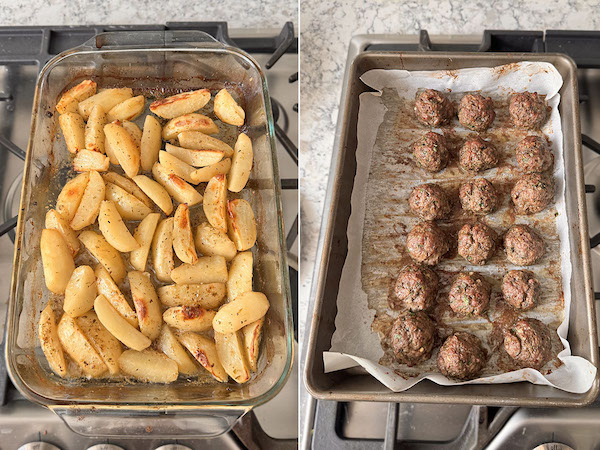 Baking dish with cooked Greek potatoes and baking sheet with baked meatballs.