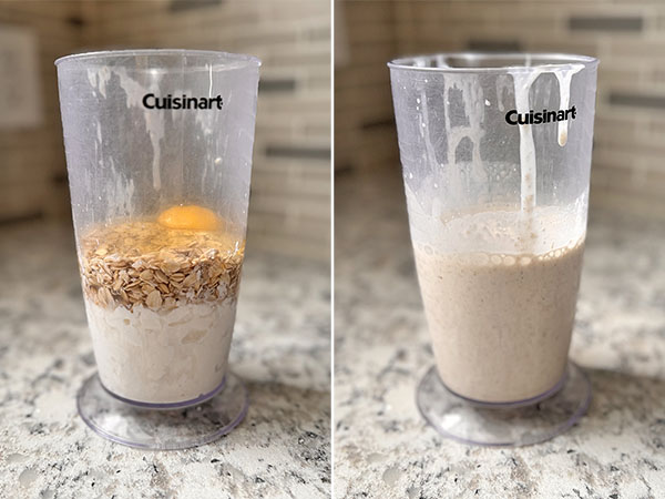 Cottage cheese tortilla ingredients in a blender cup on the left, blended cottage cheese tortilla batter on the right.