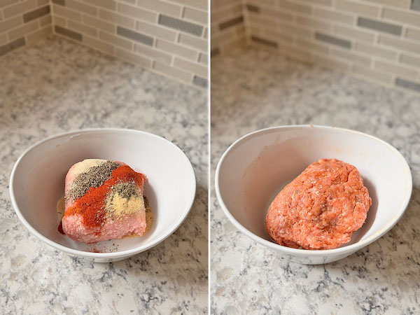 Ground pork with breakfast sausage seasonings: paprika, thyme, marjoram, garlic powder, onion powder and cayenne pepper in a bowl.