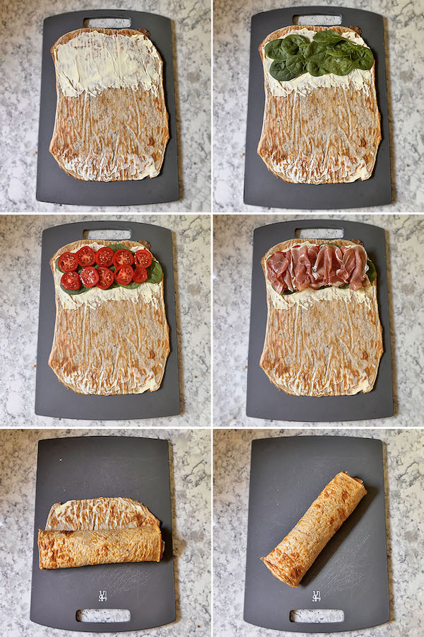 Steps on filling cottage cheese wrap with mediterranean fillings: spinach, tomatoes and prosciutto; then rolling it to enclose the filling.