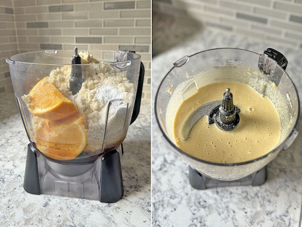 Ingredients for whole orange cake in a food processor on the left and blended orange cake batter in a food processor on the right.