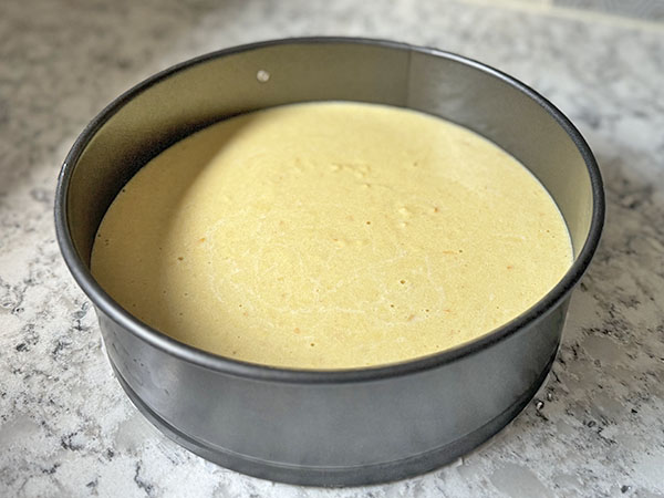 Orange cake batter in a springform pan.