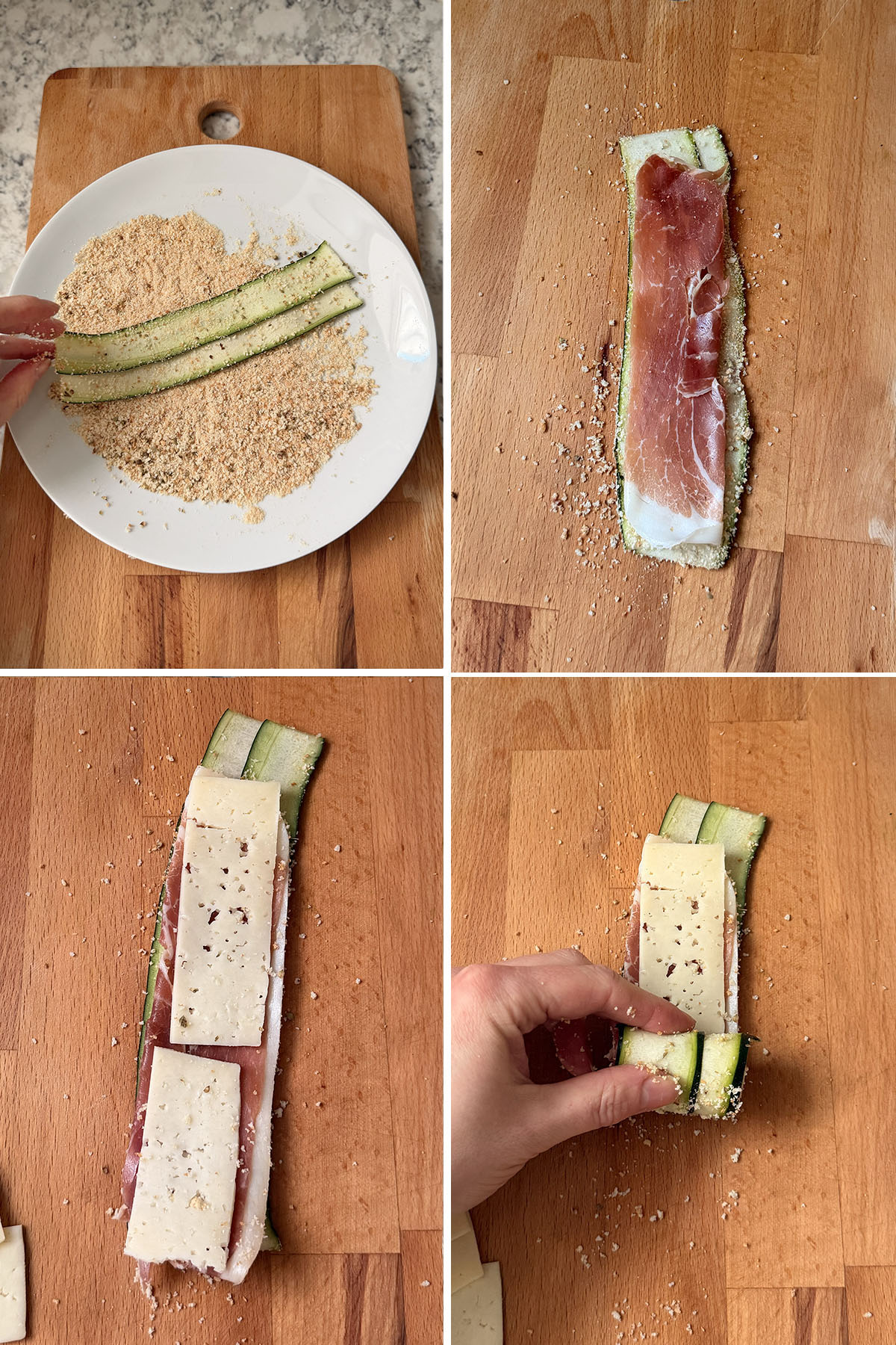 Steps showing overlapped zucchini strips coated in breadcrumbs, topped with prosciutto and cheese, then rolled up.
