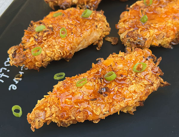 Oven Fried Cornflake Crusted Chicken with Spicy Honey