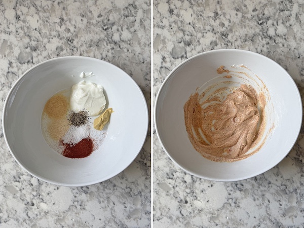 Ingredients for the marinade in a bowl on the left, mixed marinade in a bowl on the right.