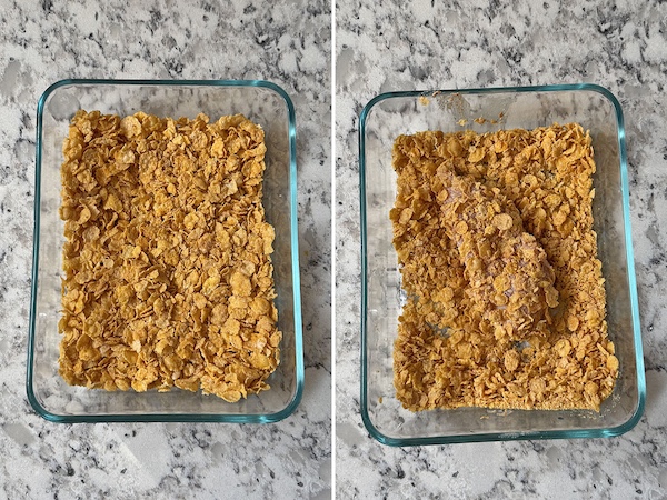 Lightly crushed corn flakes in a glass dish on the left, chicken piece coated in corn flakes in a dish on the right.