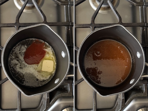 Honey sriracha sauce ingredients in a saucepan on the left, and hot honey sriracha sauce in a saucepan on the right.