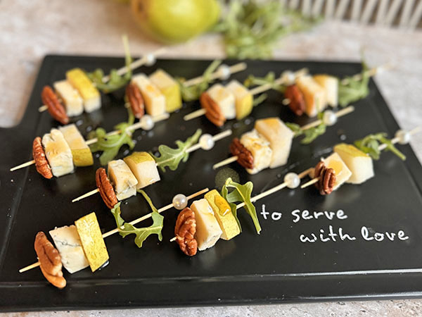 Pear and Blue Cheese Skewers with Arugula and Pecans