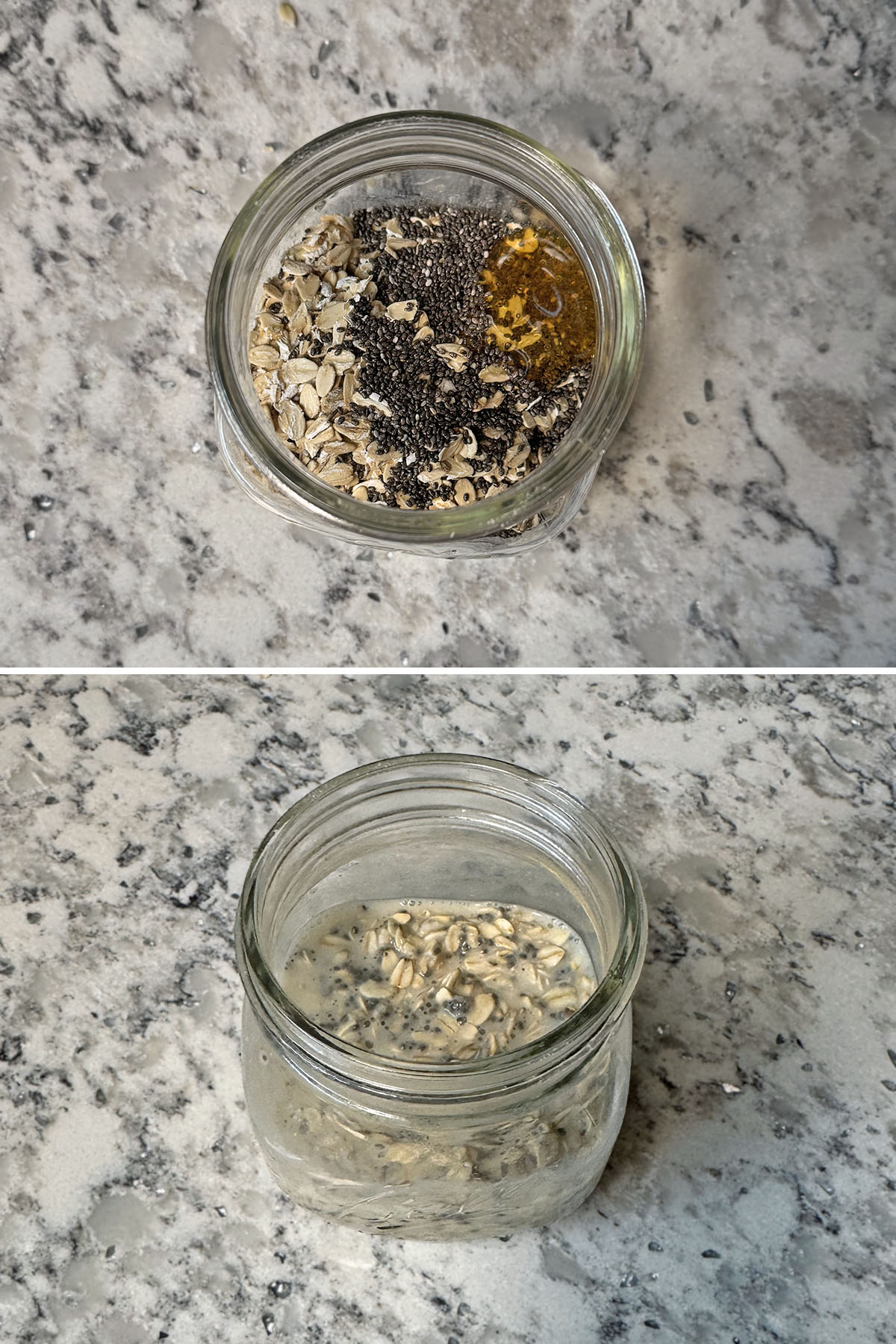 Ingredients for oat layer in a small jar (top) and stirred oat layer in a jar (bottom).