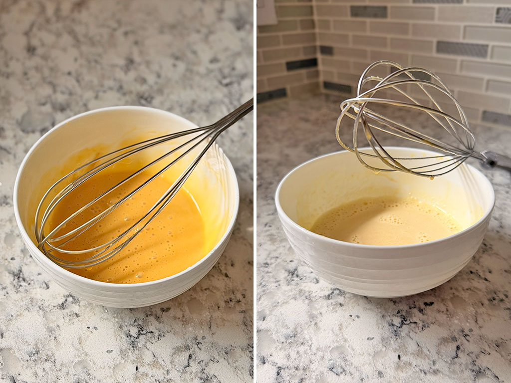 Слева: желтки, сахар, крахмал и ваниль смешаны до однородности; справа: в яичную смесь вливают горячее молоко, постоянно перемешивая.