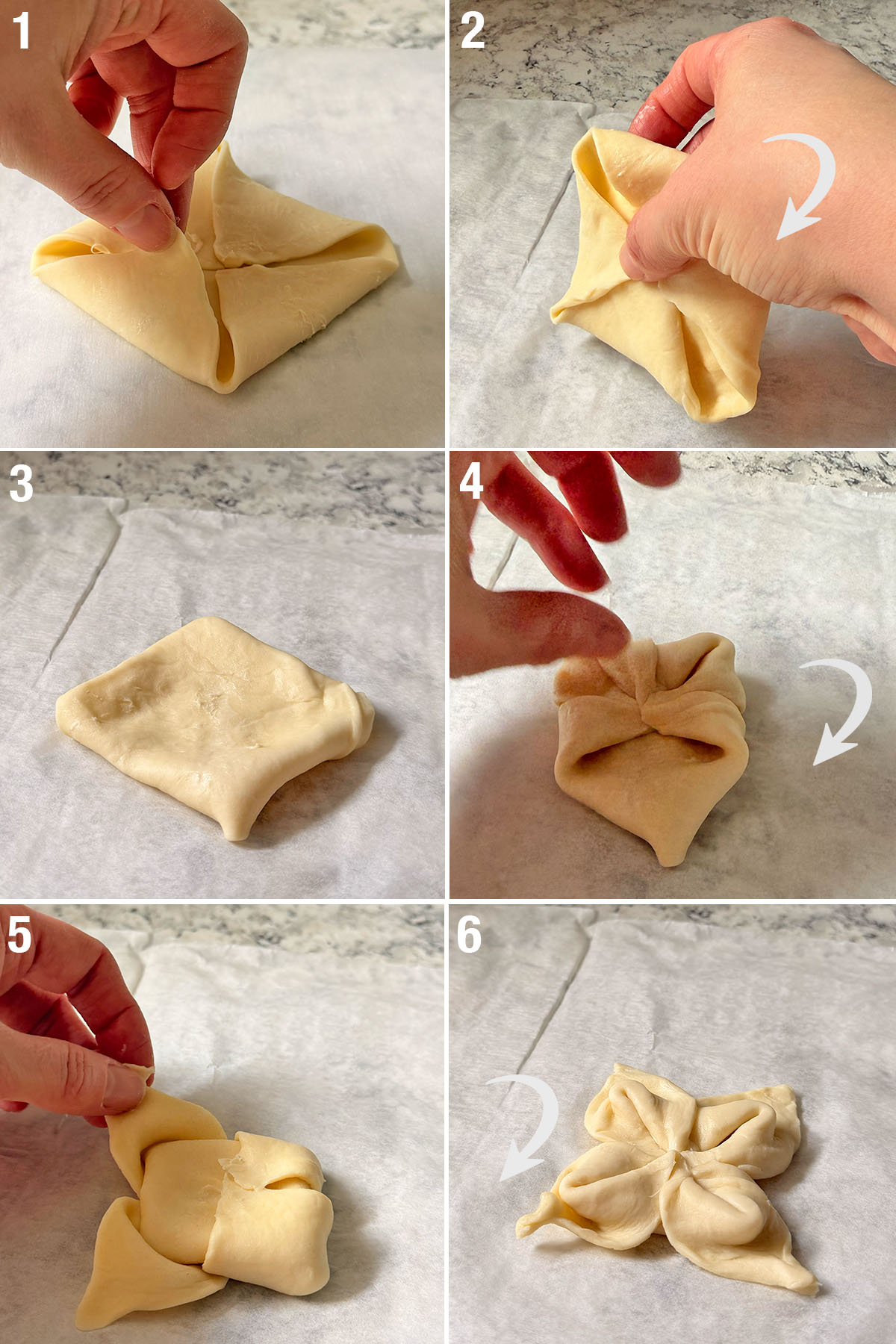 Пошаговое формирование цветочка из квадрата слоёного теста.