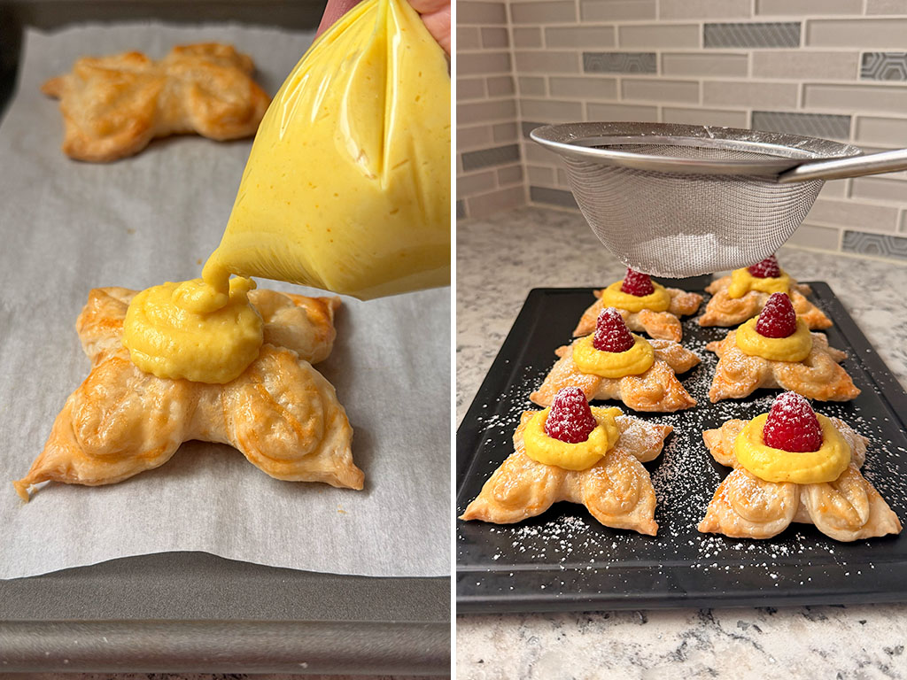 Слева: ванильный крем отсаживают в центр цветочков; справа: готовые изделия посыпают сахарной пудрой.