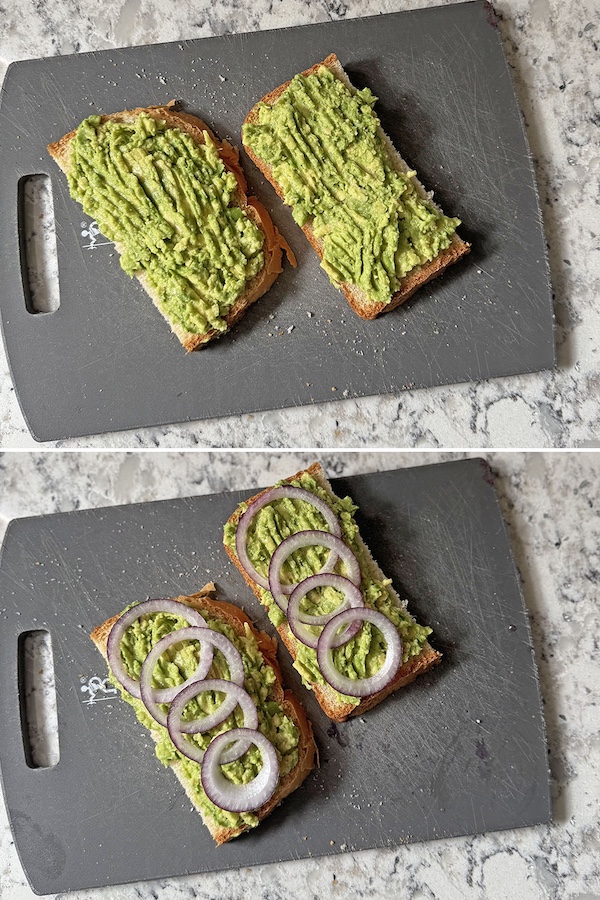 Bread slices topped with mashed avocado at the top and bread slices topped with mashed avocado and sliced red onions at the bottom.