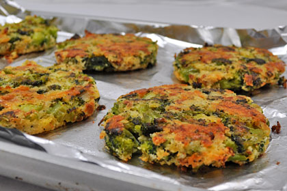 Fully baked broccoli patties removed from the oven.