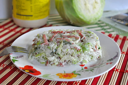 Cabbage Salad with Rice and Salami
