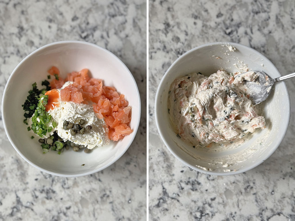 Ingredients for smoked salmon and cream cheese dip in a bowl on the left and mixed creamy dip in a bowl on the right.