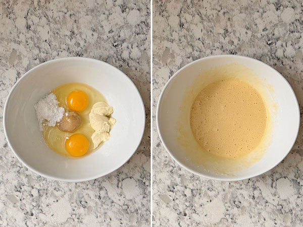 Chicken marinade ingredients in a bowl on the left and mixed mustard-mayo chicken marinade in a bowl on the right.