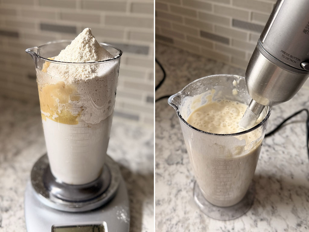 Bananas, milk, flour, oil and salt in a blender cup before and after blending into smooth crepe batter.